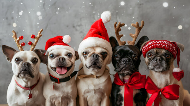 Banner five dogs celebrating christmas holidays wear chrismas caps, generative ai