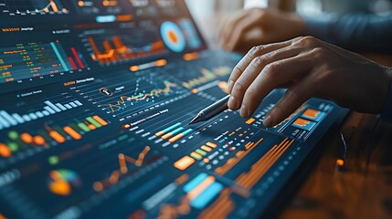 A high-tech financial office with closeup on hands using a futuristic pen to interact with an augmented reality display of market trends and forecasts.