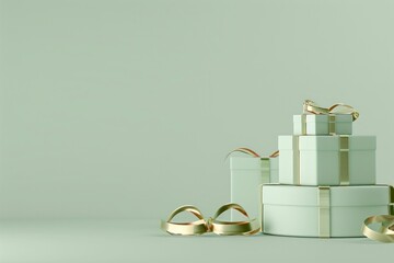 Green and gold gift boxes with ribbons on light green background, 3D ing for advertising photo