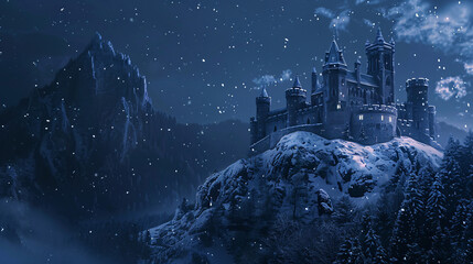 Old historic medieval fantasy castle in snow covered 