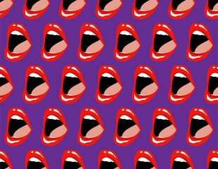 Sexy female red lips on a dark blue background. Seamless pattern, print, vector illustration