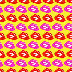 Sexy female red and pink lips on a yellow background. Seamless pattern, print, vector illustration