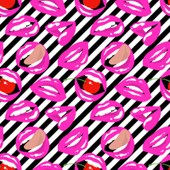 Sexy female pink lips on a striped black and white background. Seamless pattern, print, vector illustration