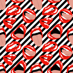 Sexy female red lips on a striped black and white background. Seamless pattern, print, vector illustration