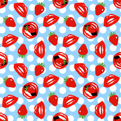 Sexy female red lips with strawberries on a blue background with white circles. Seamless pattern, print, vector illustration