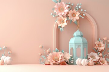 Elegant 3D ing of a traditional Arabic lantern and delicate flowers on a soft pink background