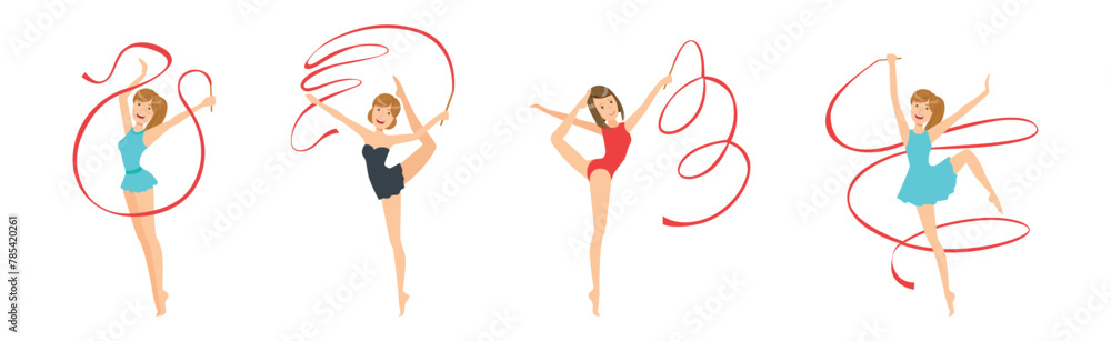 Wall mural woman gymnast with sport ribbon perform gymnastics pose vector set