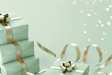 Green gift boxes with gold ribbons on light green background with confetti, festive present concept