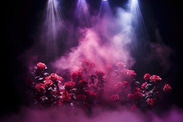 Rose stage background, rose spotlight light effects, dark atmosphere, smoke and mist, simple stage background, stage lighting, spotlights