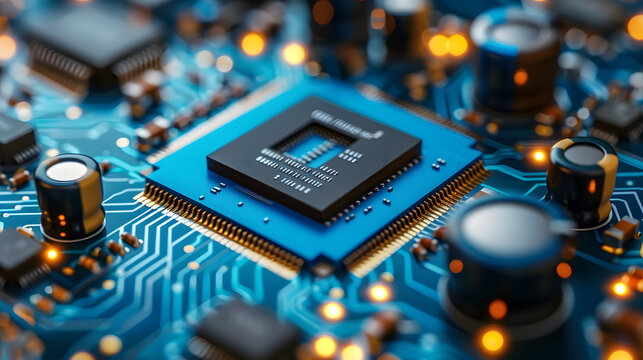 Blue Circuit board. Technology background. Central Computer Processors CPU concept.