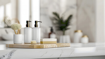 A luxurious toiletries set is placed on a luxury white marble tabletop in a white bathroom. - obrazy, fototapety, plakaty