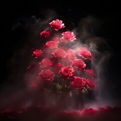 Rose stage background, rose spotlight light effects, dark atmosphere, smoke and mist, simple stage background, stage lighting, spotlights