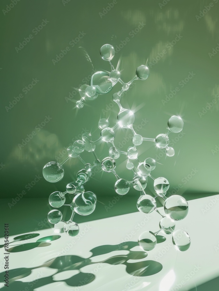 Poster 3d ing of a molecular model on a table with bubbles floating in the air in front of it