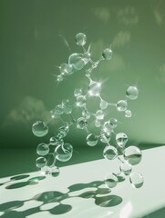 3D ing of a molecular model on a table with bubbles floating in the air in front of it