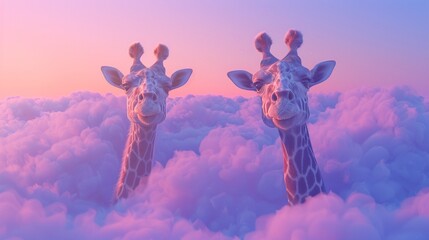 Giraffe heads peeking through pastel clouds, early morning glow, eye level, tranquil 3D fantasy