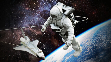 Spacewalking astronaut with a view of the Earth and space shuttle at the background. 3D illustration