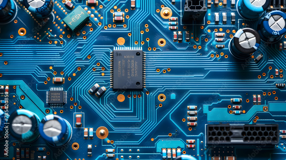 Poster blue circuit board. technology background. central computer processors cpu concept.