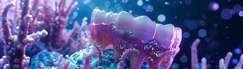 3D render of a set of realistic teeth with pink gums and barnacles growing on them.