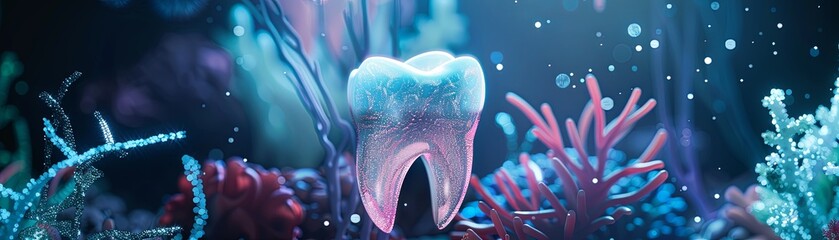 Tooth surrounded by coral and bubbles - obrazy, fototapety, plakaty