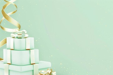 Luxurious golden gift boxes with shimmering ribbons on light green background for special occasions and celebrations