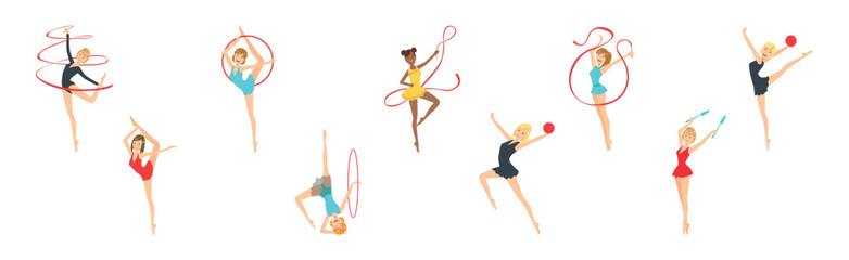 Woman Gymnast with Sport Hula Hoop and Ribbon Perform Gymnastics Pose Vector Set