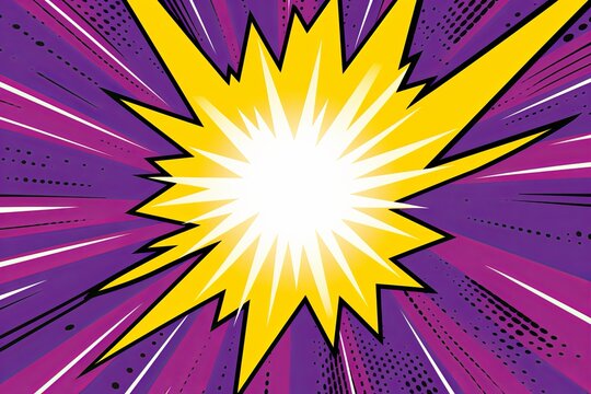 Purple background with a white blank space in the middle depicting a cartoon explosion with yellow rays and stars. The style is comic book vector