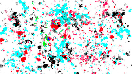 Abstract pattern with bold red, black, cyan and green splatter on a white background. 
