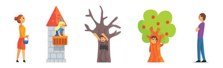 Funny Kids Actors in Theater Costumes Showing Performance Vector Set