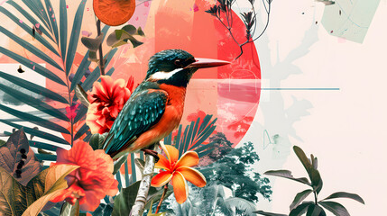 Collages of birds and geometric elements and flowers, leaves.