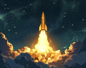 Creative illustration of gold bars rocketing to the moon, symbolizing skyrocketing stock values, against a starry sky