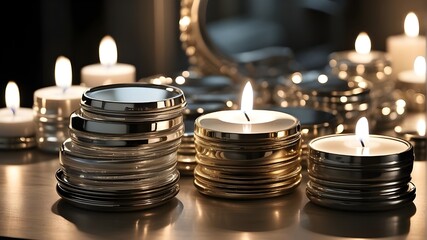 A stack of elegant compact mirrors reflecting soft candlelight - obrazy, fototapety, plakaty