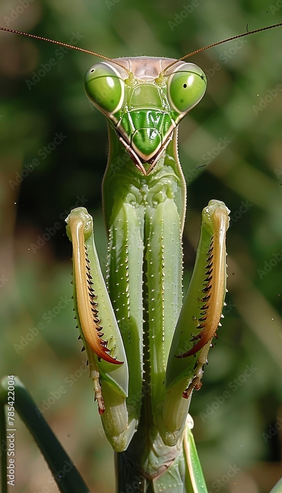 Poster detailed close up shot of a praying mantis in macro photography capturing intricate features