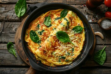 Top-Down Diagonal View of Spinach Omelet in Graphite Pan on Rustic Table

