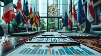 An elegant boardroom setting where a financial expert marks up economic reports at a large table, with flags from different countries hanging above, representing diverse market insights. - obrazy, fototapety, plakaty
