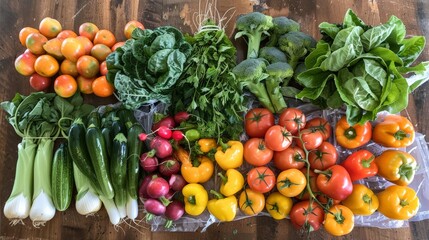 A farmer's market haul of fresh produce, the morning light accentuating the dew on organic fruits and vegetables, ready for a healthy meal prep.