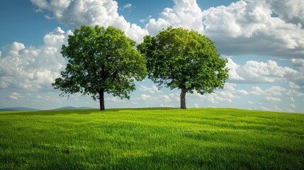 Two trees are standing in a grassy field