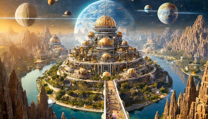 ultra-detailed view of ancient civilization city of many humans floating on a planet, guarded by alien spheres with a message for future generations; narrow walkways on top of many connecting - obrazy, fototapety, plakaty