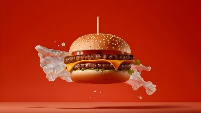 Delicious burger with many ingredients isolated on a white background Tasty cheeseburger splash sauce
