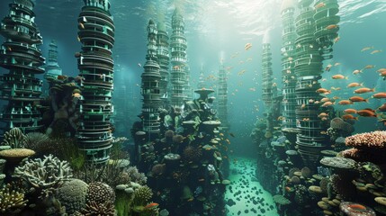Coral skyscrapers housing schools of fish, underwater metropolis - obrazy, fototapety, plakaty
