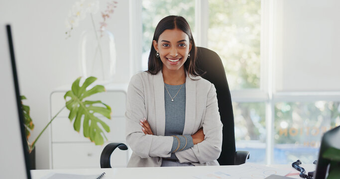 Fototapeta Face, pride and a woman with arms crossed in an office for a corporate job and working as an advocate. Smile, justice and portrait of a female lawyer with confidence in a legal career as an attorney