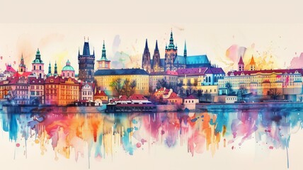 Whimsical Illustration of Prague with Crayon Strokes and Watercolor Splashes

