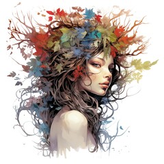 Colorful Abstract Illustration of a Dryad's Head on a White Background