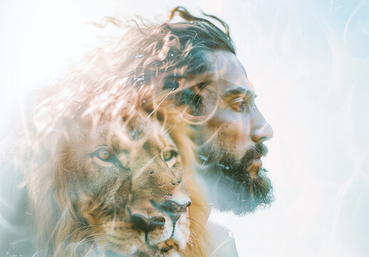 double exposure of Jesus and lion, white background, light colors