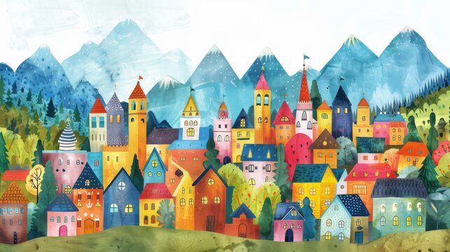 Whimsical Illustration of San Carlos de Bariloche with Crayon Strokes and Watercolor Splashes

