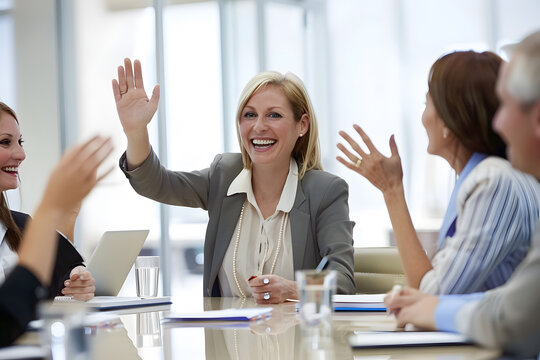 A businesswoman giving a high five to a male colleague in a meeting. Business professionals high-five during a meeting in the boardroom.