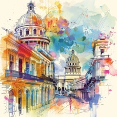 Whimsical Illustration of Havana with Crayon Strokes and Watercolor Splashes


