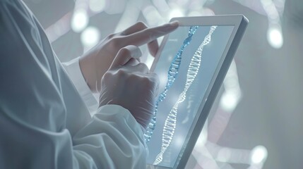 Doctor Touching tab  digital screen DNA - obrazy, fototapety, plakaty
