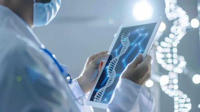 Doctor Touching tab  digital screen DNA