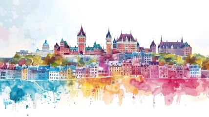 Fototapeta premium Whimsical Illustration of Quebec City with Crayon Strokes and Watercolor Splashes