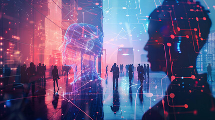 modern graphics illustrating the abstract operation of artificial intelligence, and in the background people standing in front of a modern building - obrazy, fototapety, plakaty